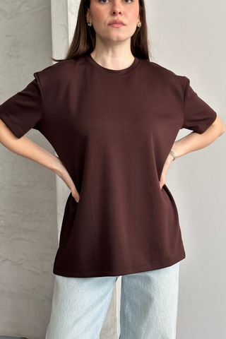 Balenbi Kadın Modal Bisiklet Yaka Basic Yarım Kollu T-shirt 1211 Kahverengi