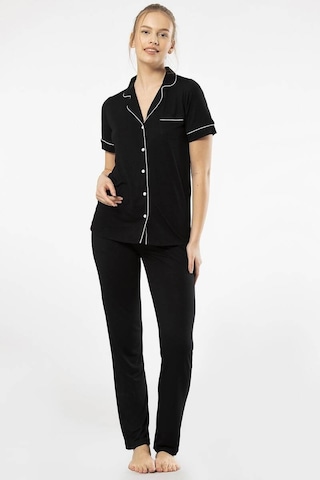 Düz Kısa Kollu Gömlek Yaka Pijama Takım 001