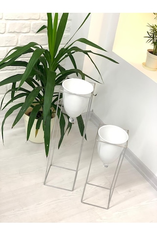 Gümüş Renk 2'Li Metal Ayaklı Saksı Çiçeklik (468977521)