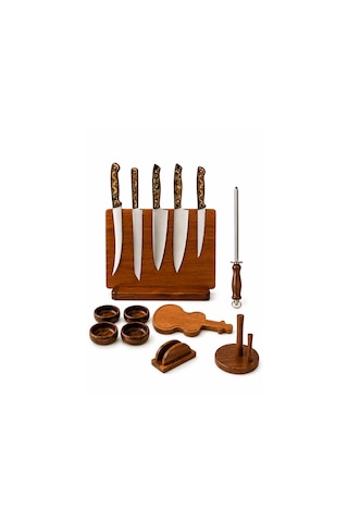 CH woodline 4 Parça Profesyonel Mutfak Bıçak Set i 4116 Alman Çelik, Verzalit Sap, Mıknatıslı Epoksi Standlı, Nusret Şef, Santoku, Guyuto, Ekmek Bıçağı + Ceviz Kase, Kesme Tahtası Ve Peçete çok renkli