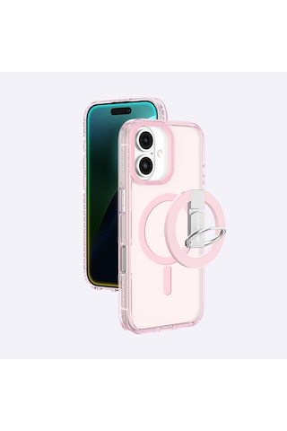 İphone 16 Plus Uyumlu Kılıf Magsafe Şarj Özellikli Yüzük Standlı Amazingthing Titan Pro Serisi Kapak Pembe