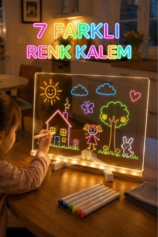 Led Işıklı Çizim Boyama Tahtası 7 Adet Kalem Hediyeli Neon Işıklı Eğitici Not Tahtası Lwb01 Şeffaf