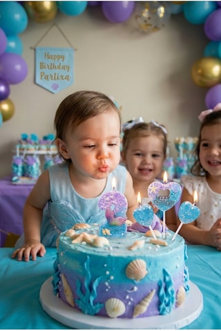 Deniz Kızı Kuyruğu Figürlü Mavi Kalp Ve Lila-mavi Simli Rakam Mum Seti Doğum Günü Pasta Süsü