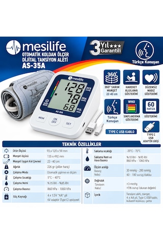 Mesilife As-35a Otomatik Koldan Ölçer Dijital Tansiyon Aleti 22-40 Cm 60 Hafıza Türkçe Konuşan