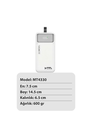 30000 Mah 22.5w Turbo Şarj Dahili Kablolu Dijital Led Göstergeli Pd Ve Qc 3.0 Powerbank Mt4330 Beyaz
