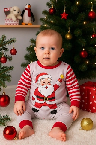Pekminibebe Noel Baba Detaylı Bebek Tulum Pamuk Kırmızı