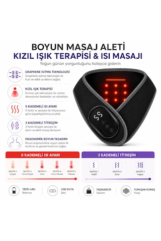 Graphene Isı Teknolojili Boyun Isıtıcı Masaj Aleti 5 Kademeli Isı Ayarı 3 Kademeli Titreşim Usb Şarjlı Kablosuz Boyun Destekleyici Siyah