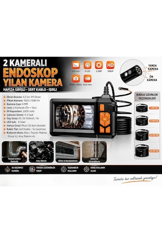 Vtn-009 Ekranlı Çift Kameralı 20 Metre Sert Kablo Yılan Endoskop Kamera 8 Mm 4.3 Inc Evimdeyokyok