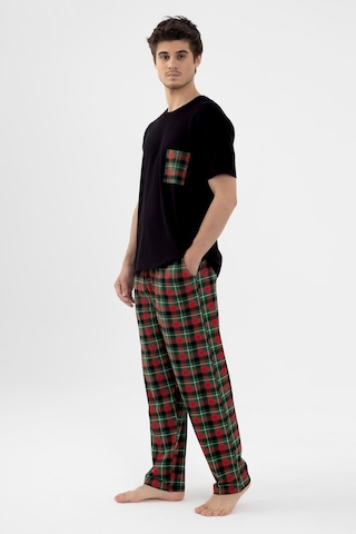 Erkek Kısa Kollu Pamuklu Ön Cep Detaylı Yeşil - Kırmızı Ekose Desenli Pijama Takımı Ke30304.34 Yeşil