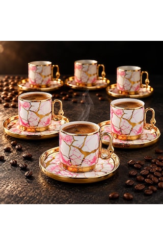 Valkyrie 12 Parça 6 Kişilik 80 Ml Türk Kahvesi Fincan Seti Pembe Mermer Desenli Gold Detay K653 Pembe