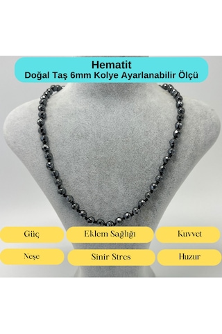 Yıldız Doğal Taş Hematit Doğal Taş 6 MM Makrome Kolye 45 CM - 55 CM Ayarlanabilir Gri