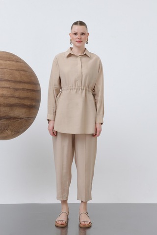 Loreen 20610 Kadın Beli Büzgülü Gizli Patlı Pantolonlu Takım Beige