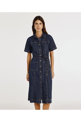 Yargıcı Kemerli Kısa Kollu Midi Boy Denim Elbise 25ykel7006x 515 Mavi