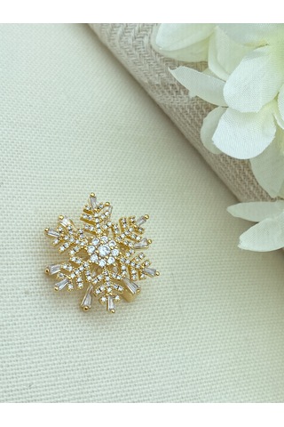 Broş Kar Tanesi Model Full Zirkon Taşlı Gold