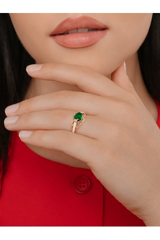 Serebro Rossii 925 Ayar Gümüş Yeşil Taşlı Altın Kaplama Yüzük 3979934 Altın