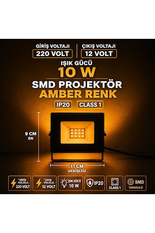 Abber Renk Mini Led Projektör 10 Watt Ip20 11x9 Cm Amber Led Işık 220 Volt Giriş 12 Volt Çıkışlı