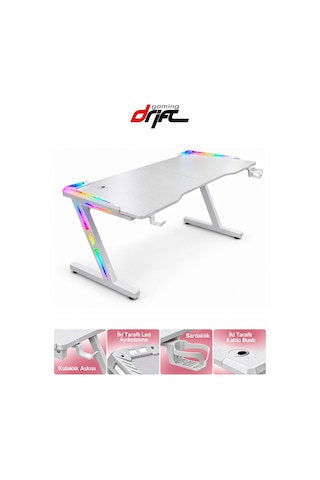 Aura White Rgb Led Li Beyaz Oyuncu Masası 160 70 Cm