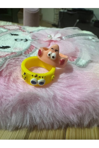 2'li Sevimli Karikatür Çocuk Yüzük Seti Pembe & Sarı Reçine Sabit Ölçülü Yüzük Gümüş - Gri