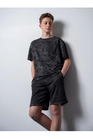Erkek Çocuk Palmiye Desenli T-shirt Şortlu Takım-15796 Siyah