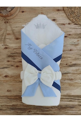 Yenidoğan Bal Peteği My Prince Taç Nakışlı Delüks Kundak Bebek Battaniyesi Mavi