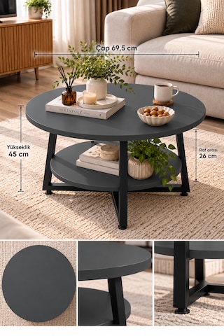 Yuvarlak Orta Sehpa 69,5 Cm İki Katlı Raflı Metal Ayaklı Modern Dekoratif Salon Sehpası Antrasit