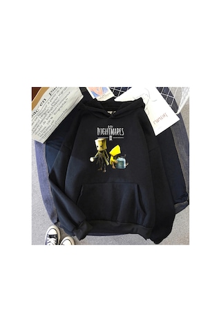 Tarzsokak Siyah Unisex Küçük Nightmares Hoodie Baskı Cep Streetwear Korku Macera Oyun