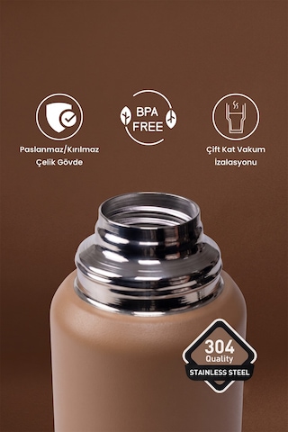 Porsima 2085-2 Çift Katmanlı Paslanmaz Çelik Termos Kulplu Termos Matara 1,5lt Kahve Kahverengi