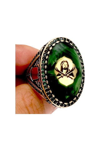 Hz. Ali Ve Zülfikar Motifli Sıkma Kehribarlı Gümüş Erkek Yüzük