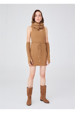 Peraluna Saç Örgü Desenli Uzun Kadın Triko Eldiven Camel Camel-Standart Camel