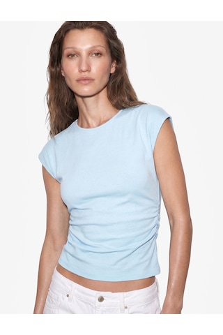 Koton Pamuklu Slim Fit Drape Detaylı Bisiklet Yaka Kısa Kollu Tişört Mavi 6sak50515ek