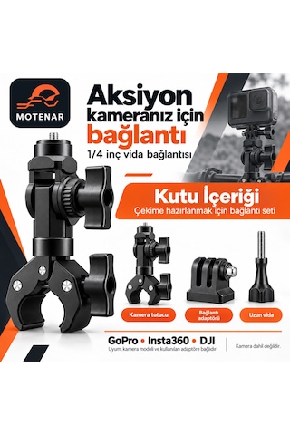 Motenar Aksiyon Kamera Tutucu 360 Ayarlanabilir Djı-insta360-gopro Aksiyon Kamera Uyumlu Siyah