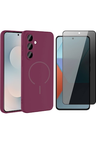 Vendas Samsung Uyumlu Galaxy A36 Kılıf M-safe Şarj Özellikli Zore Meta Kapak + Hayalet Ekran Koruyucu Mürdüm
