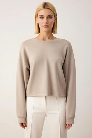 Benerly Kadın Bisiklet Yaka Standart Kol Crop Örme Sweatshirt Fonksiyonel Vizon