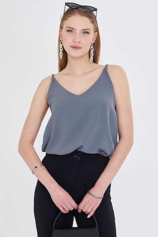 Armonika Kadın Gri Keten Görünümlü Askılı Bluz Arm-24y001064