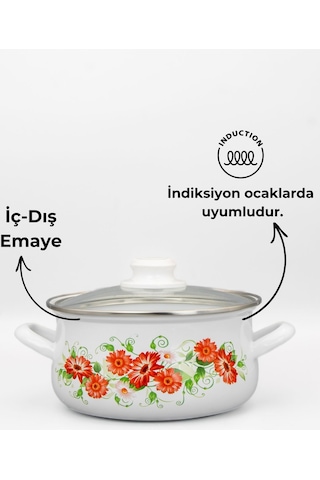 16cm Çiçek Desenli Tekli Cam Kapaklı Emaye Güveç Tencere Beyaz