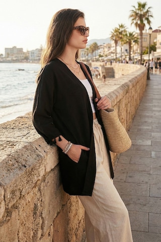 Lela Pamuk Ve Keten Karışımlı Püskül Detaylı Regular Fit Uzun Kimono Bayan Hırka 5869015 Siyah