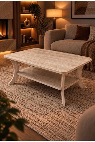 Orta Sehpa Traverten Desen Dikdörtgen 90 Cm Genişlik - 55 Cm En - Mdf Ayak 46 Cm Yükseklik Modern Orta Sehpa Traverten