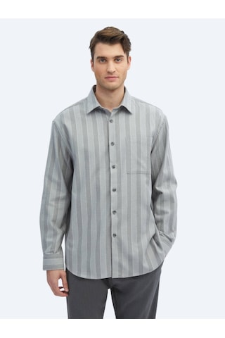 Kip Gri Çizgili Oversize Fit Dokuma Casual Pamuk Karışımlı Gömlek