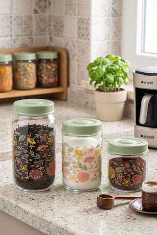 3 Lü Desenli Cam Baharatlık Seti, Kapaklı Çay Şeker Kahve Baharat Saklama Kabı 1000+660+425ml Şeffaf