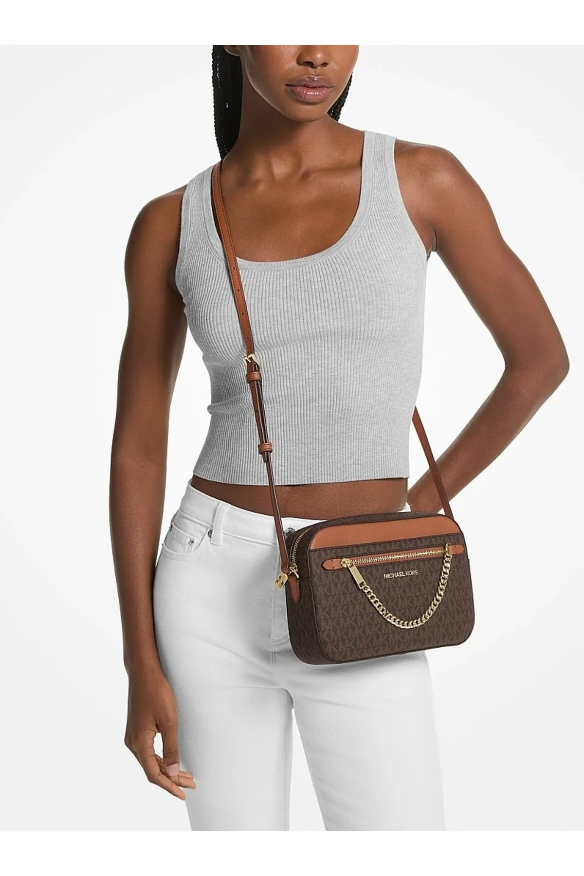 Michael Kors Jet Set Kadın Logolu Çapraz Omuz Çantası 35s1gttc9b Brown Signature Kahverengi
