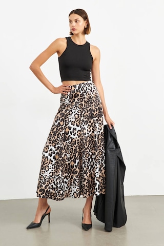 Stella Pulvis Kahverengi Leopar Desenli Beli Lastikli Saten Maxi Etek Kahverengi