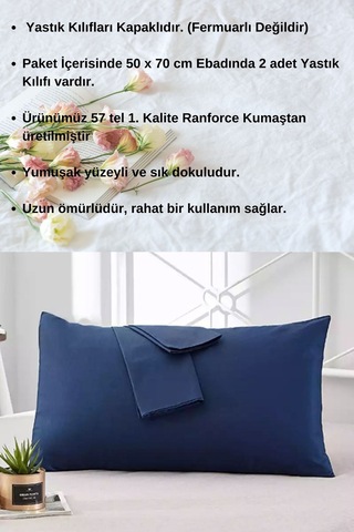 Lacivert Renkli Pamuklu Ranforce Kumaştan Yastık Kılıfı 2 Adet