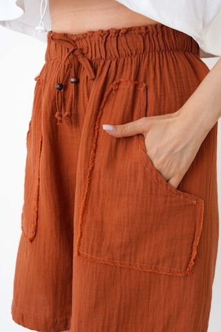 The Voler Müslin Şort Kadın Yüksek Bel Oversize Rahat Kesim Cepli %100 Pamuklu Yazlık Şort Kiremit