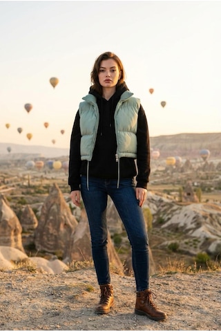 Feg Store Kadın Mint Yeşili Crop Dik Yaka Fermuarlı Belden Lastikli Ayarlanabilir Şişme Yelek Yeşil