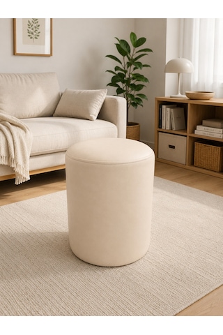 Krem Deri Puf 40x45 Cm Silindir Tasarım Dekoratif Oturma Pufu Salon Yatak Odası Antre