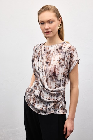Sateen Pileli Kolsuz Bluz - Kahve-136863 kahve