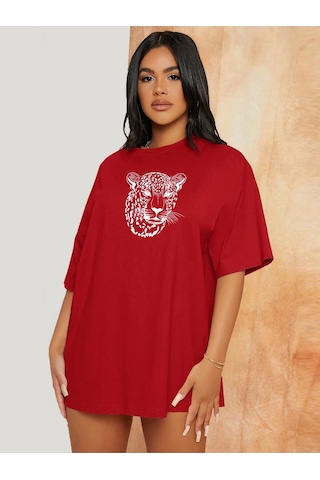 Flood Of Style Kadın Kırmızı Leopar Figür Baskılı Oversize T-shirt