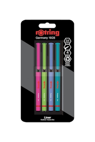 Rotring Fineliner, İnce Keçe Uçlu Kalem 0.4 Mm, 4'lü Paket, Canlı Renkler