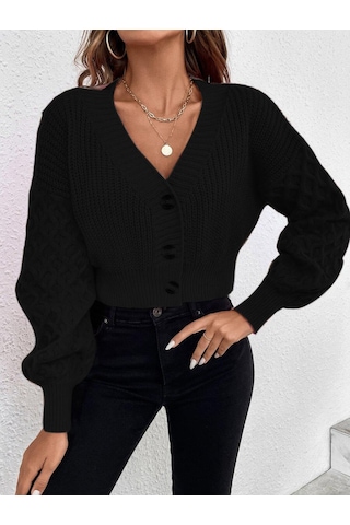 Aqe Fashion V Yaka Örgü Desenli Triko Crop Siyah Hırka Siyah