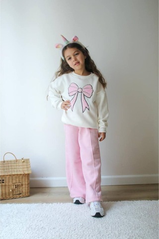 Jeliboomkidswear Kız Çoçuk İnci İşlemeli 2 Li Takım Beyaz-pembe